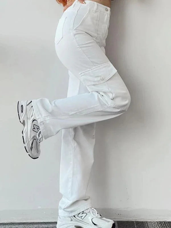 Casual Women Cargo Pants – Mid Rise Button Front -Guocali