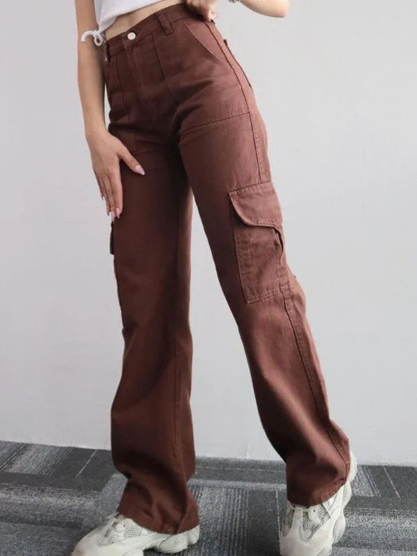 Casual Women Cargo Pants – Mid Rise Button Front -Guocali