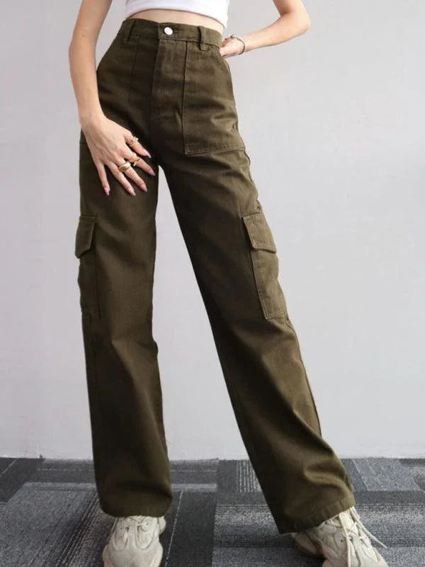 Casual Women Cargo Pants – Mid Rise Button Front -Guocali