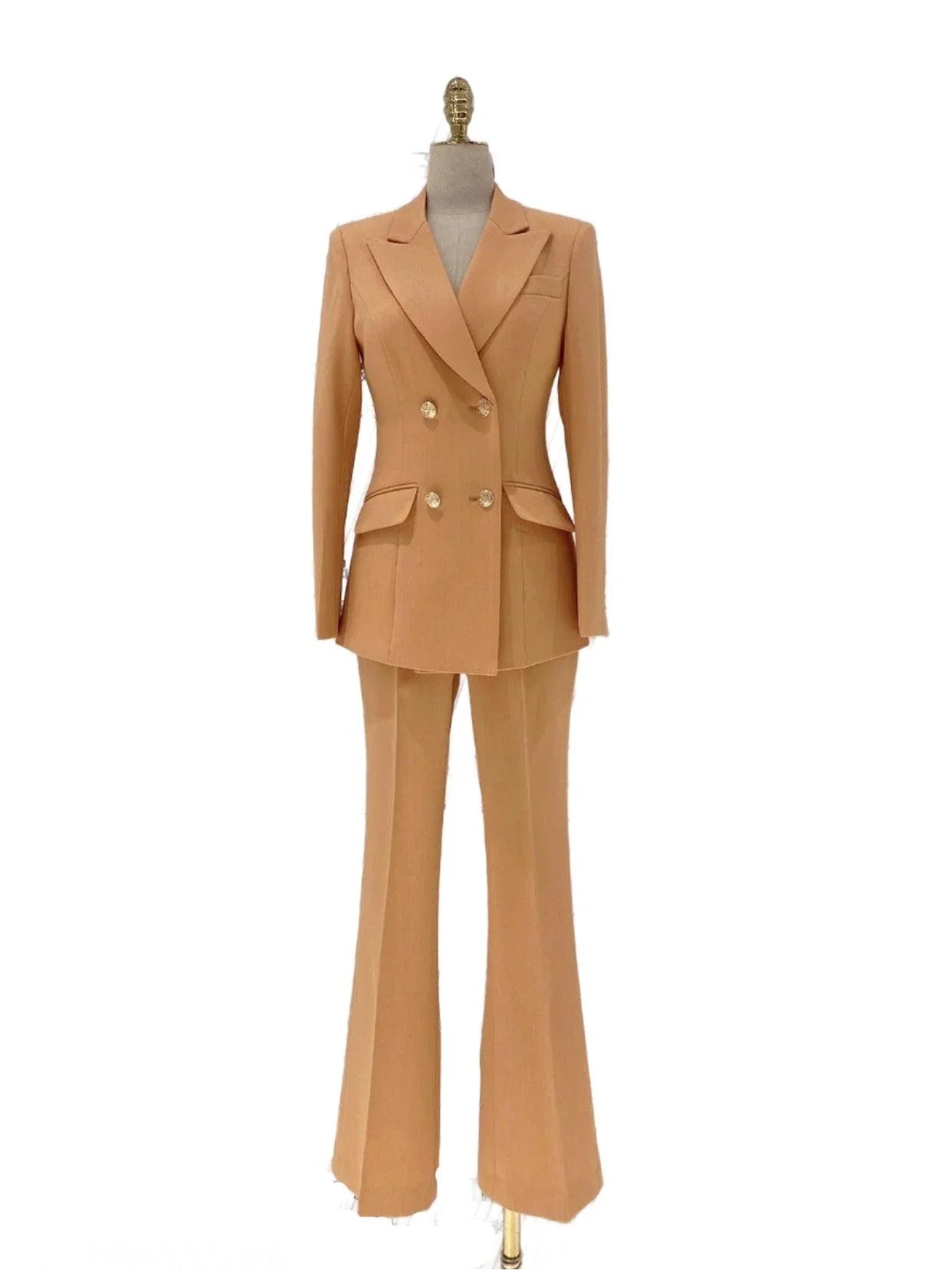 Chic Elegant Professional Women's Pant Suit - Solid Double-Breasted - Orange