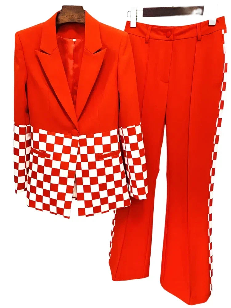 Chic Professional Women's Pant Suit - Checkered Zipper