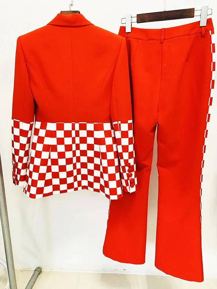 Chic Professional Women's Pant Suit - Checkered Zipper