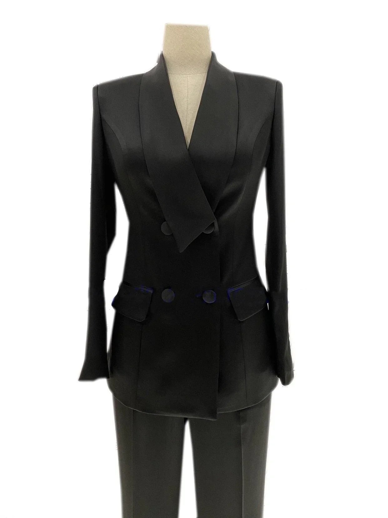 Chic Women's Pant Suit - Solid Double-Breasted, Black