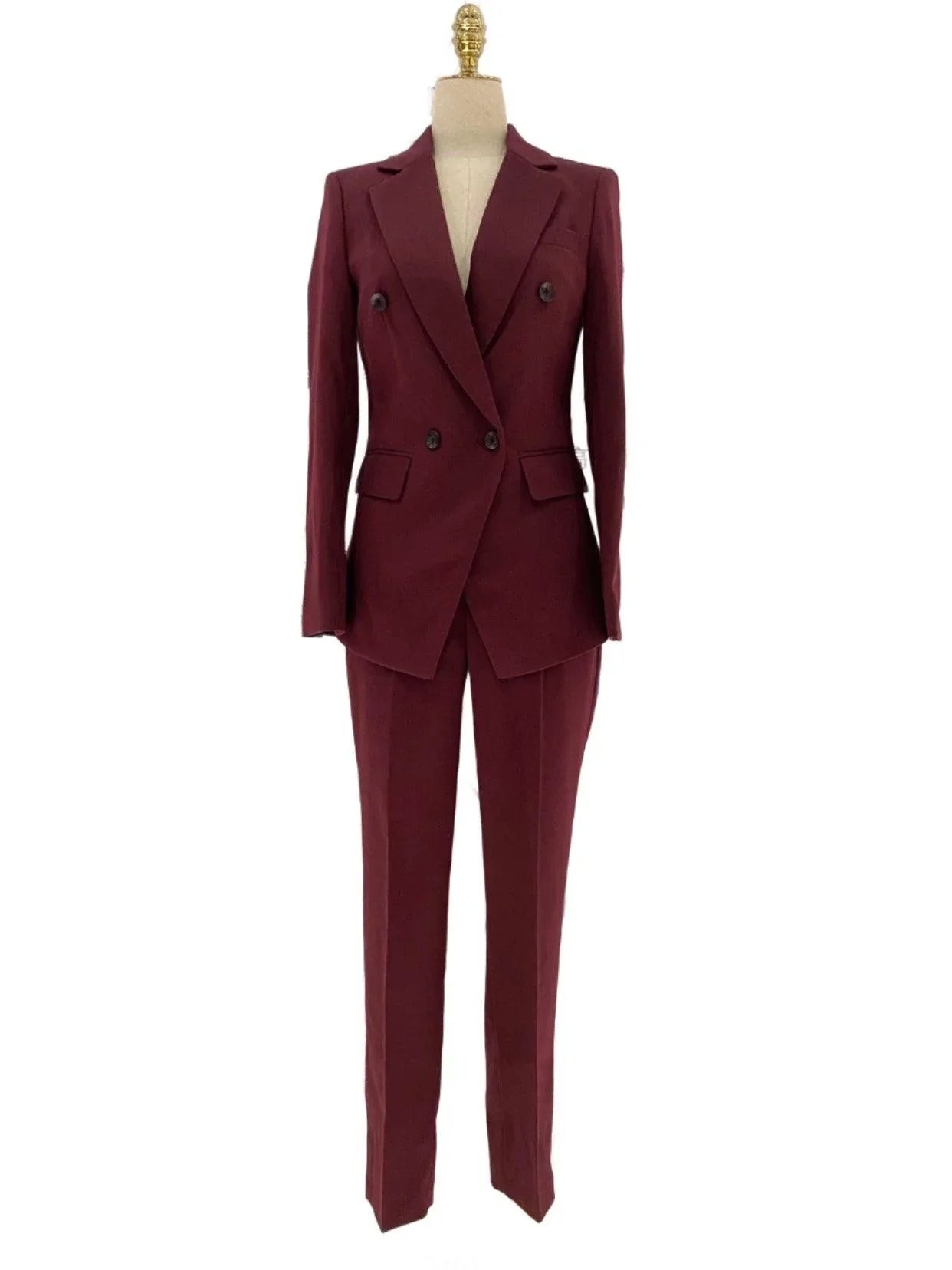 Chic Women's Pant Suit - Solid Double-Breasted - Burgundy