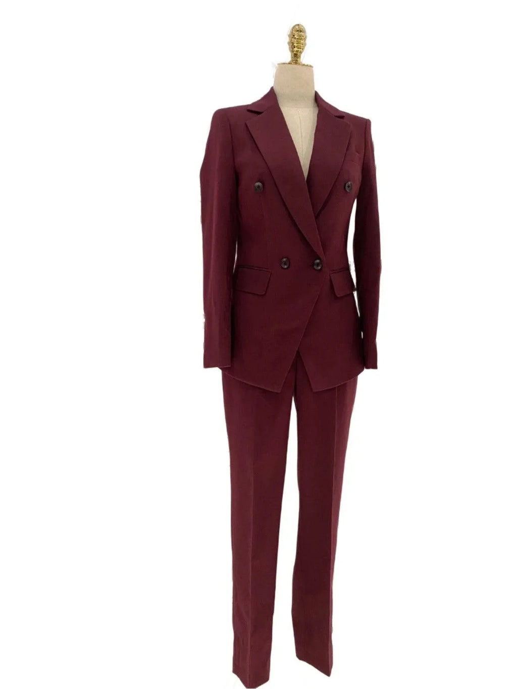 Chic Women's Pant Suit - Solid Double-Breasted - Burgundy
