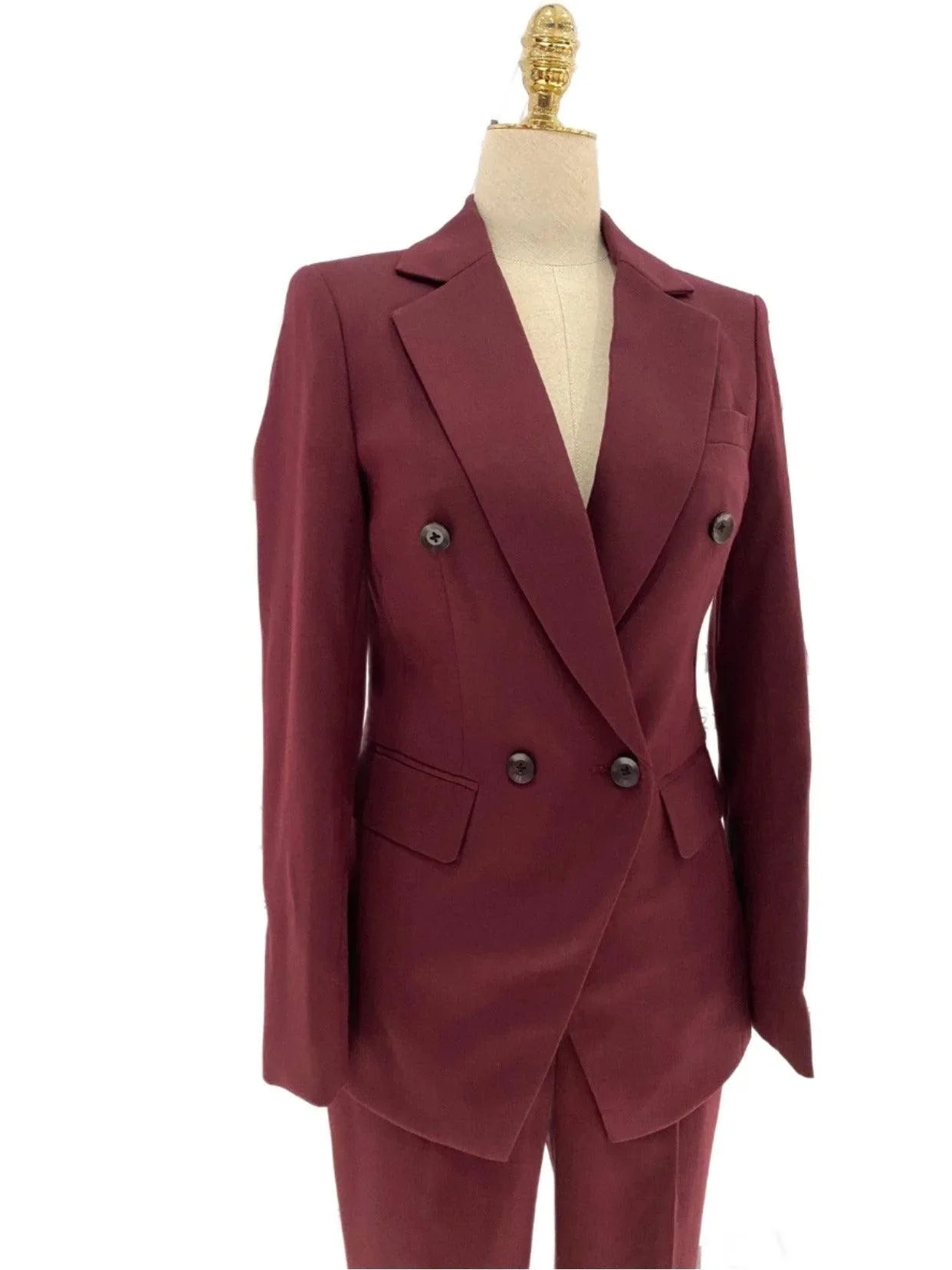 Chic Women's Pant Suit - Solid Double-Breasted - Burgundy