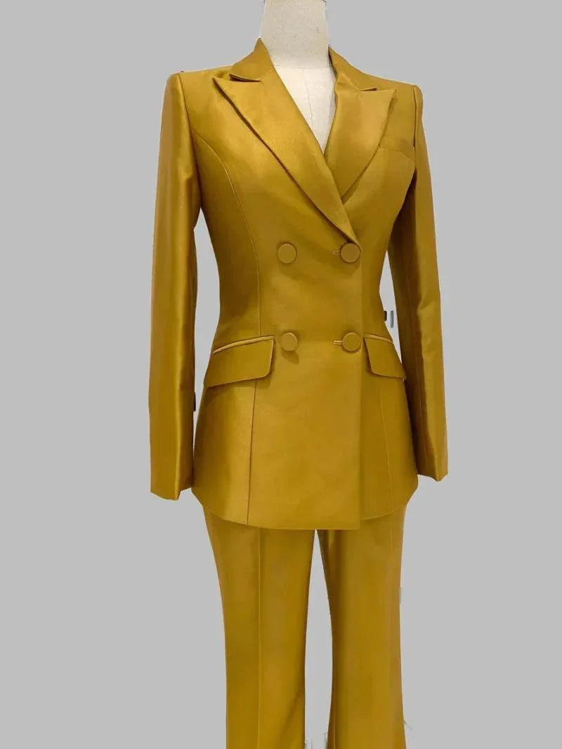 Chic Women's Pant Suit - Solid Double-Breasted - Gold