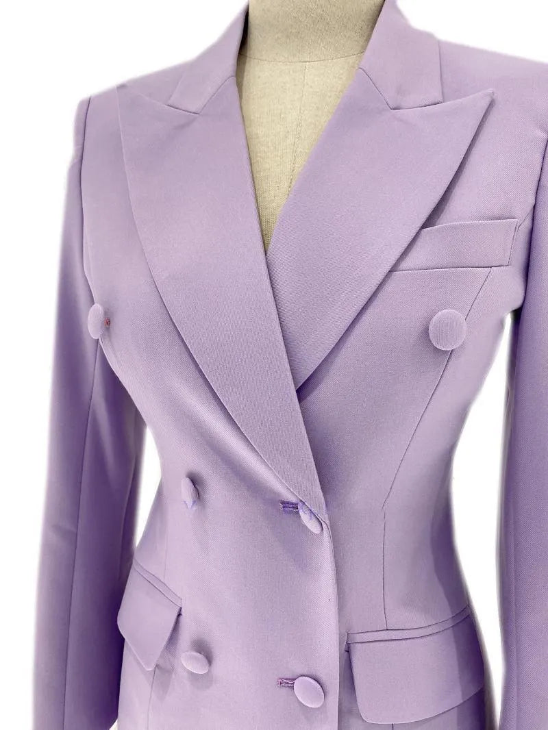Chic Women's Pant Suit - Solid Double-Breasted - Lavender