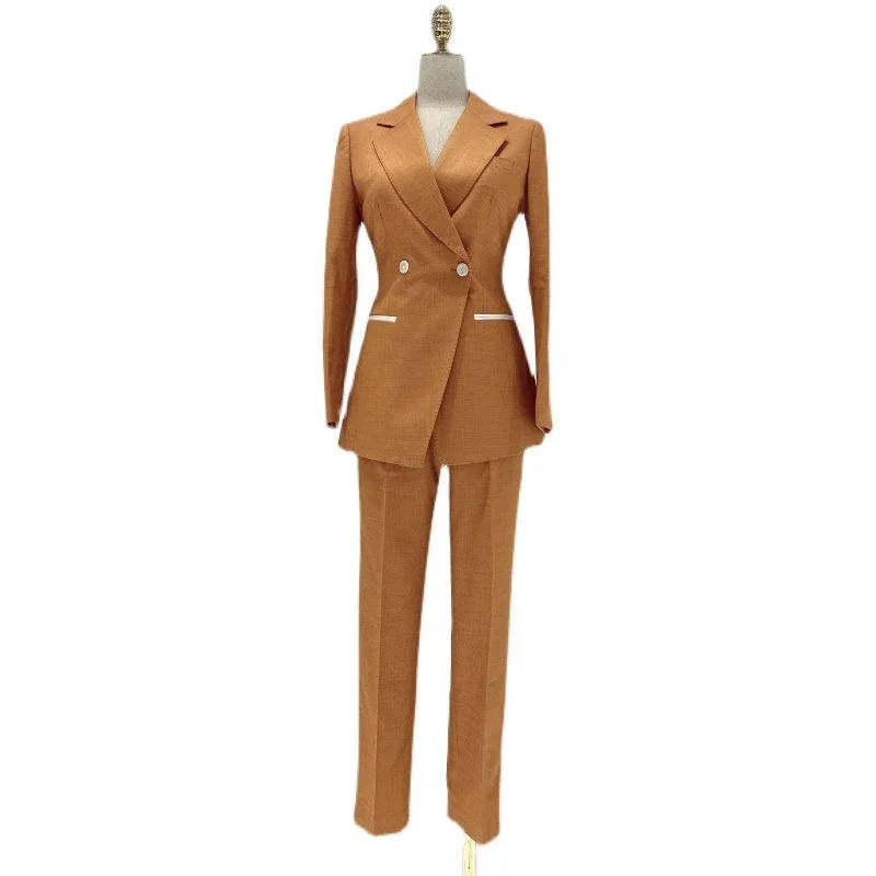 Chic Women's Pant Suit - Solid Double-Breasted - Orange
