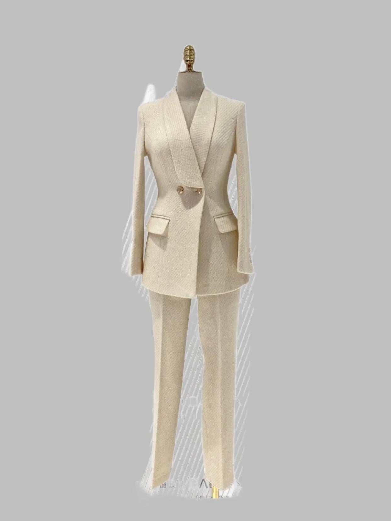 Chic Women's Pant Suit - Solid Double-Breasted, White