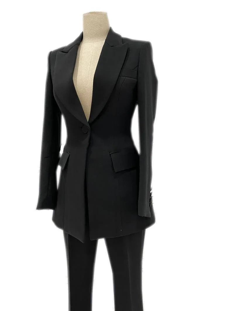 Chic Women's Pant Suit - Solid Single-Breasted, Black
