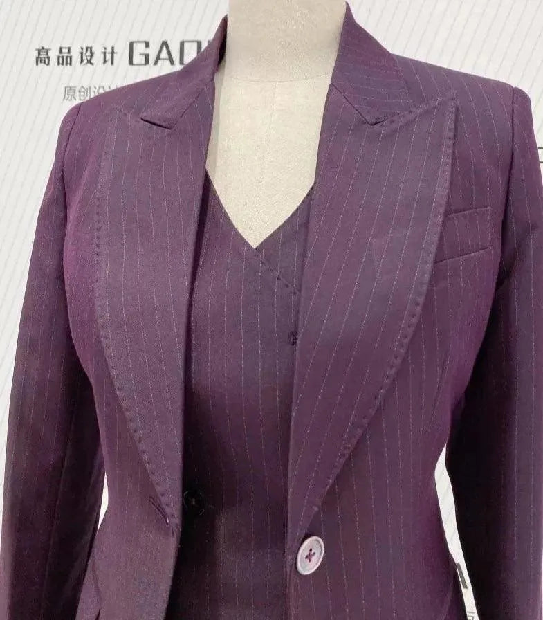 Chic Women's Pant Suit - Striped Single-Breasted - Fuchsia