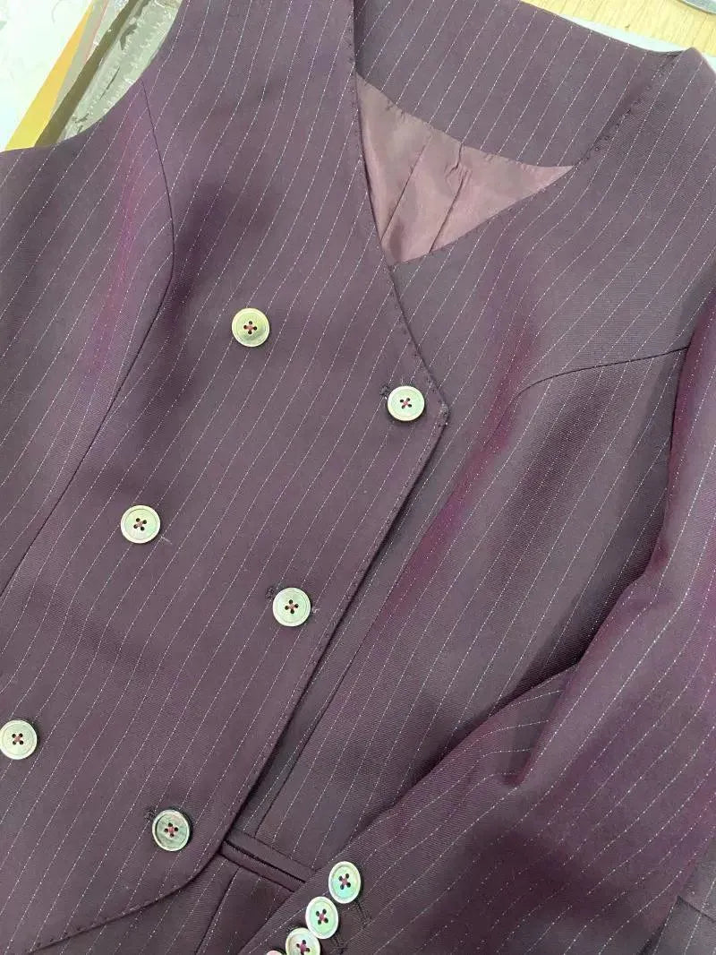 Chic Women's Pant Suit - Striped Single-Breasted - Fuchsia