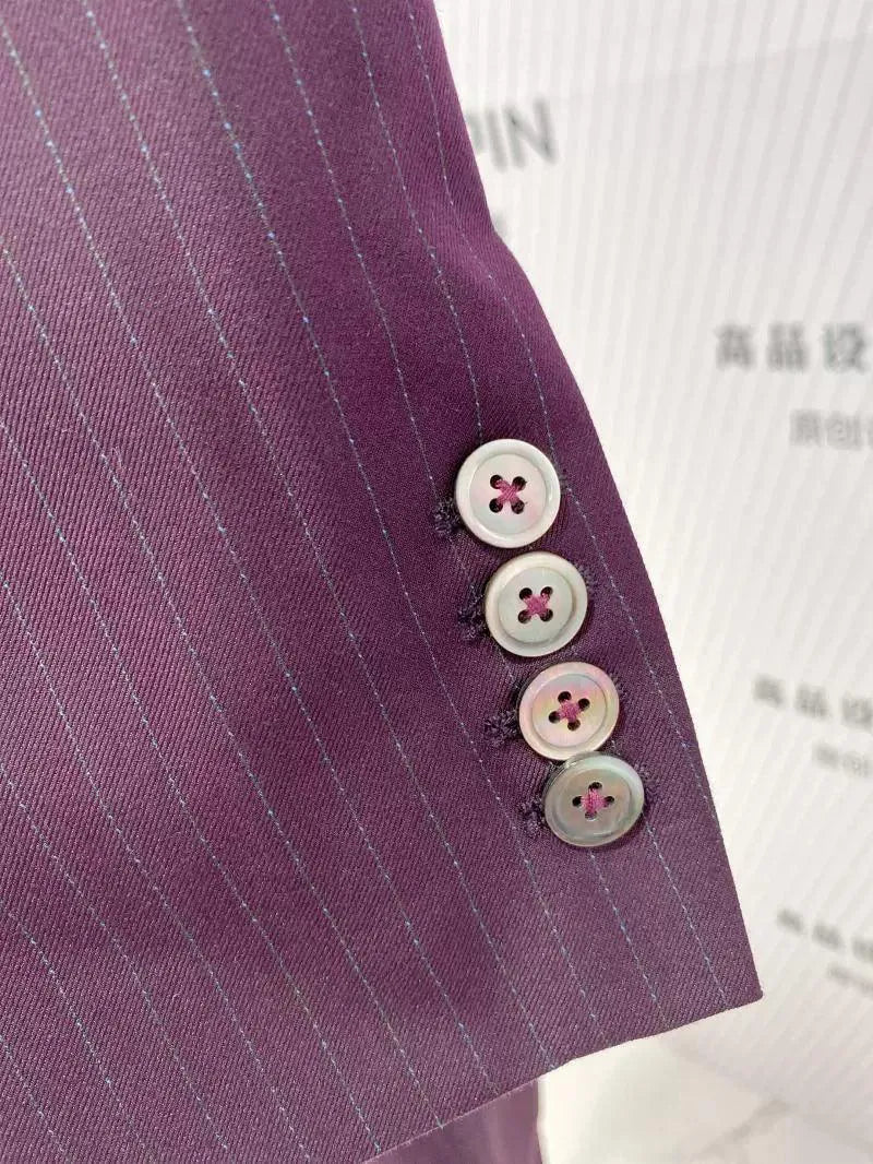 Chic Women's Pant Suit - Striped Single-Breasted - Fuchsia