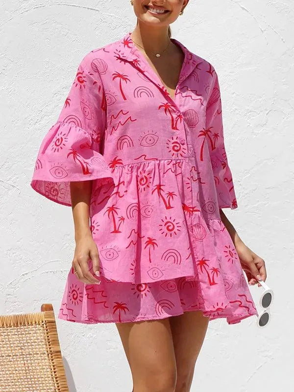 Comfortable Trumpet Sleeve Ethnic Dress -Guocali