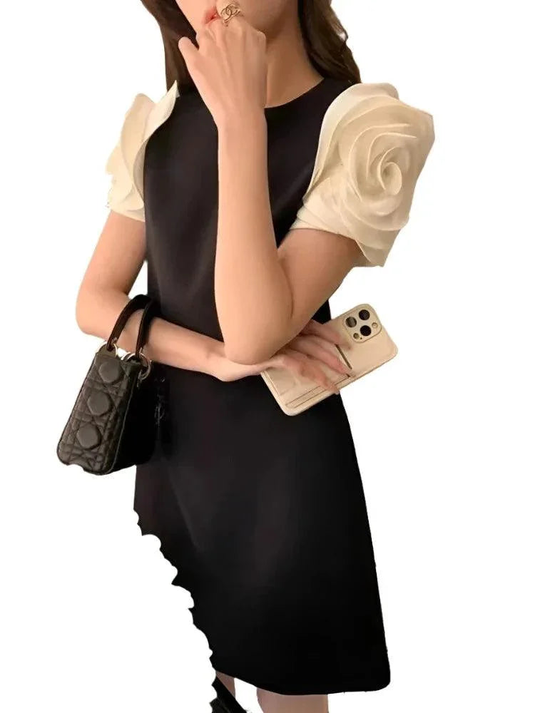 Contrasting Splicing Flower Short Dress -Guocali