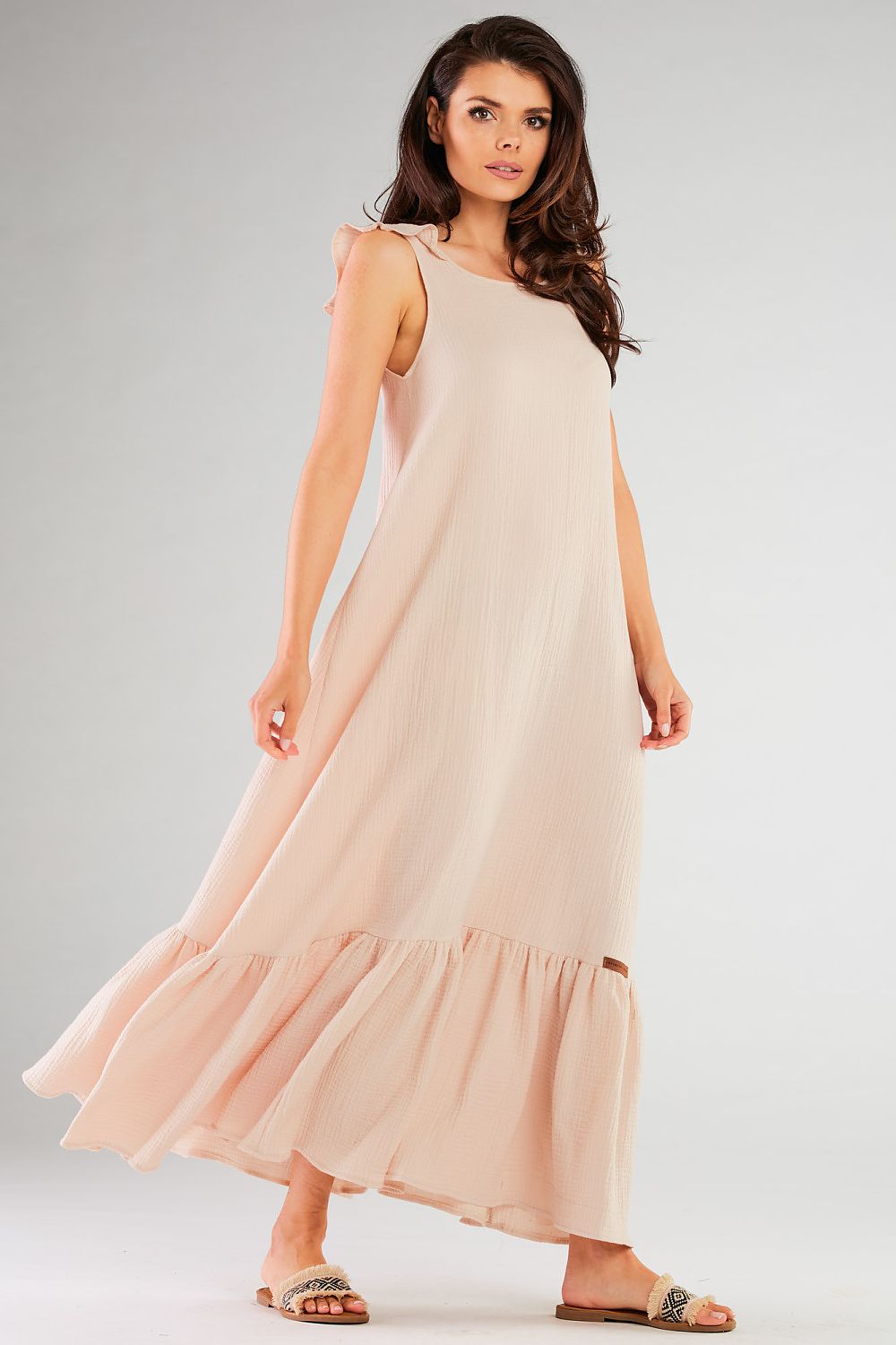 Cotton Maxi Dress – Round Neck, A-Line, Ruffled Hem – Daydress | GUOCALI