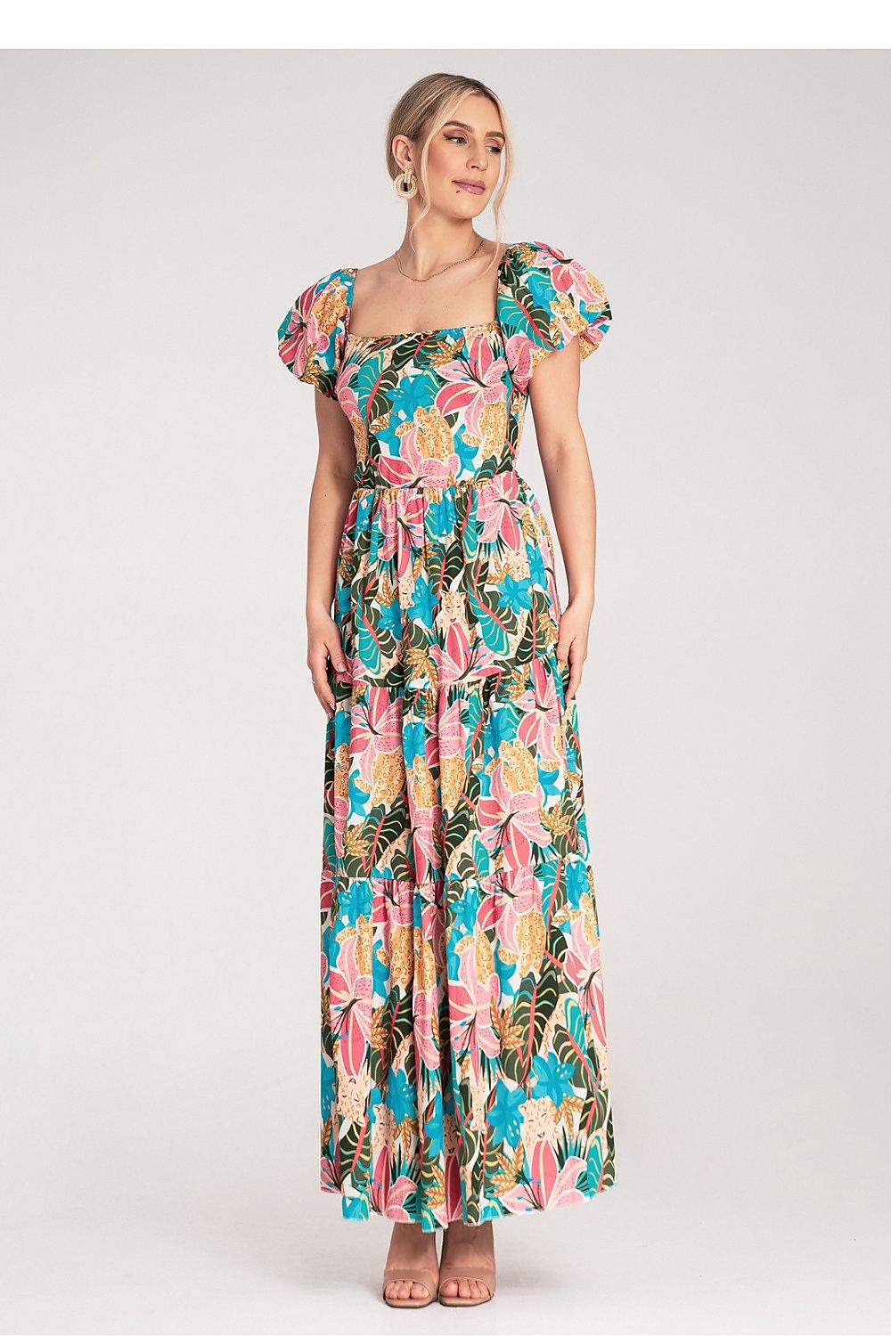Cotton Maxi Dress – Square Neck, A-Line, Tiered Skirt, Pink – Daydress | GUOCALI – view 2