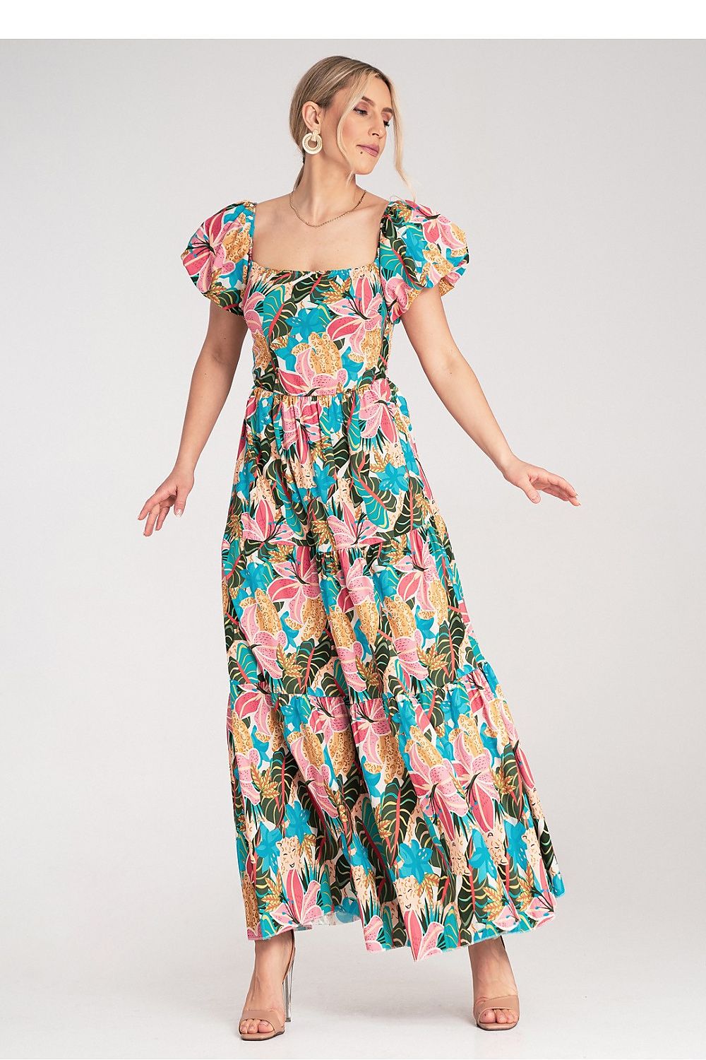 Cotton Maxi Dress – Square Neck, A-Line, Tiered Skirt, Pink – Daydress | GUOCALI – view 4