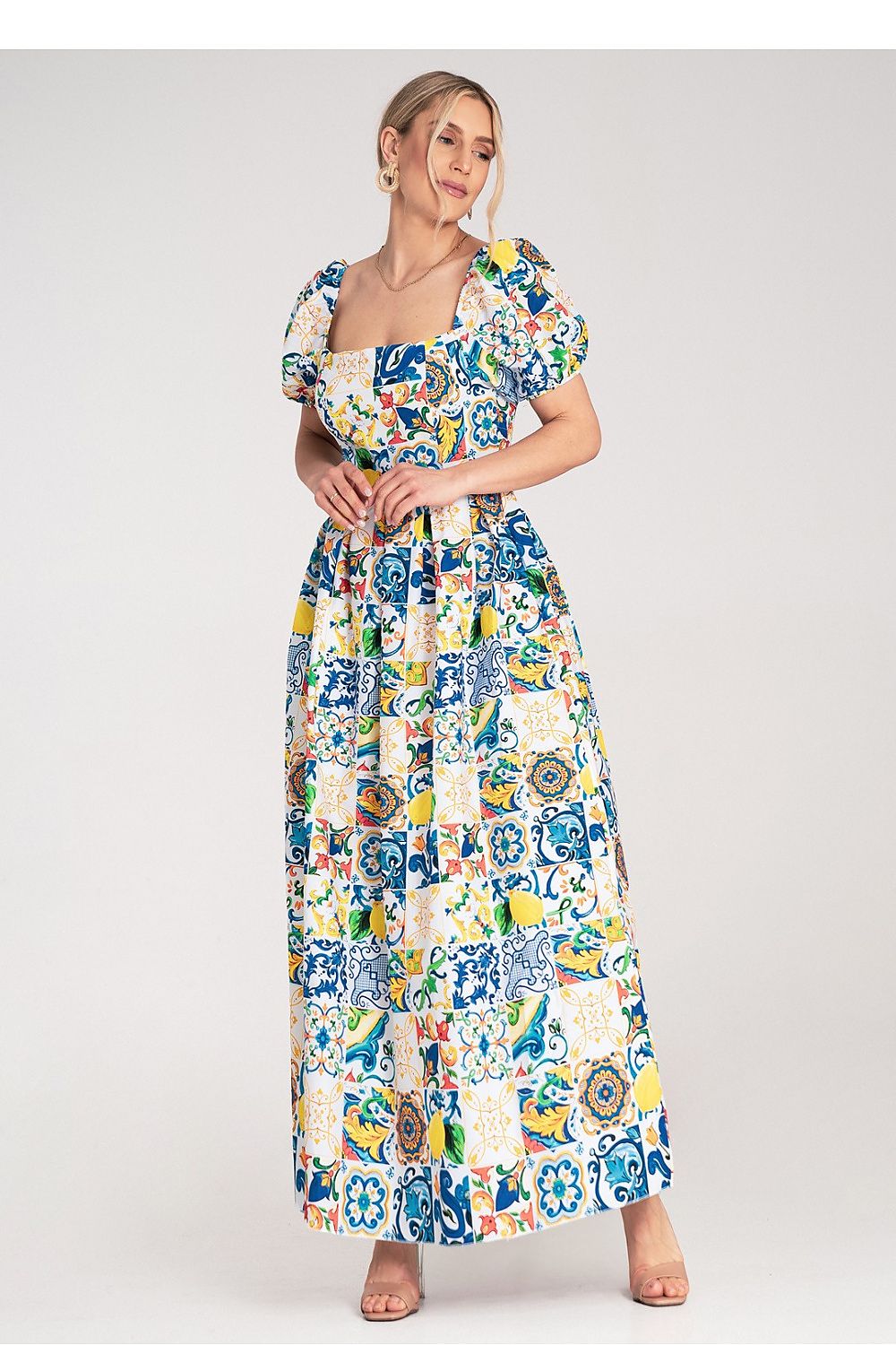 Cotton Maxi Dress – Square Neck, Fit-and-Flare, Tile Print, Blue – Daydress | GUOCALI – view 2