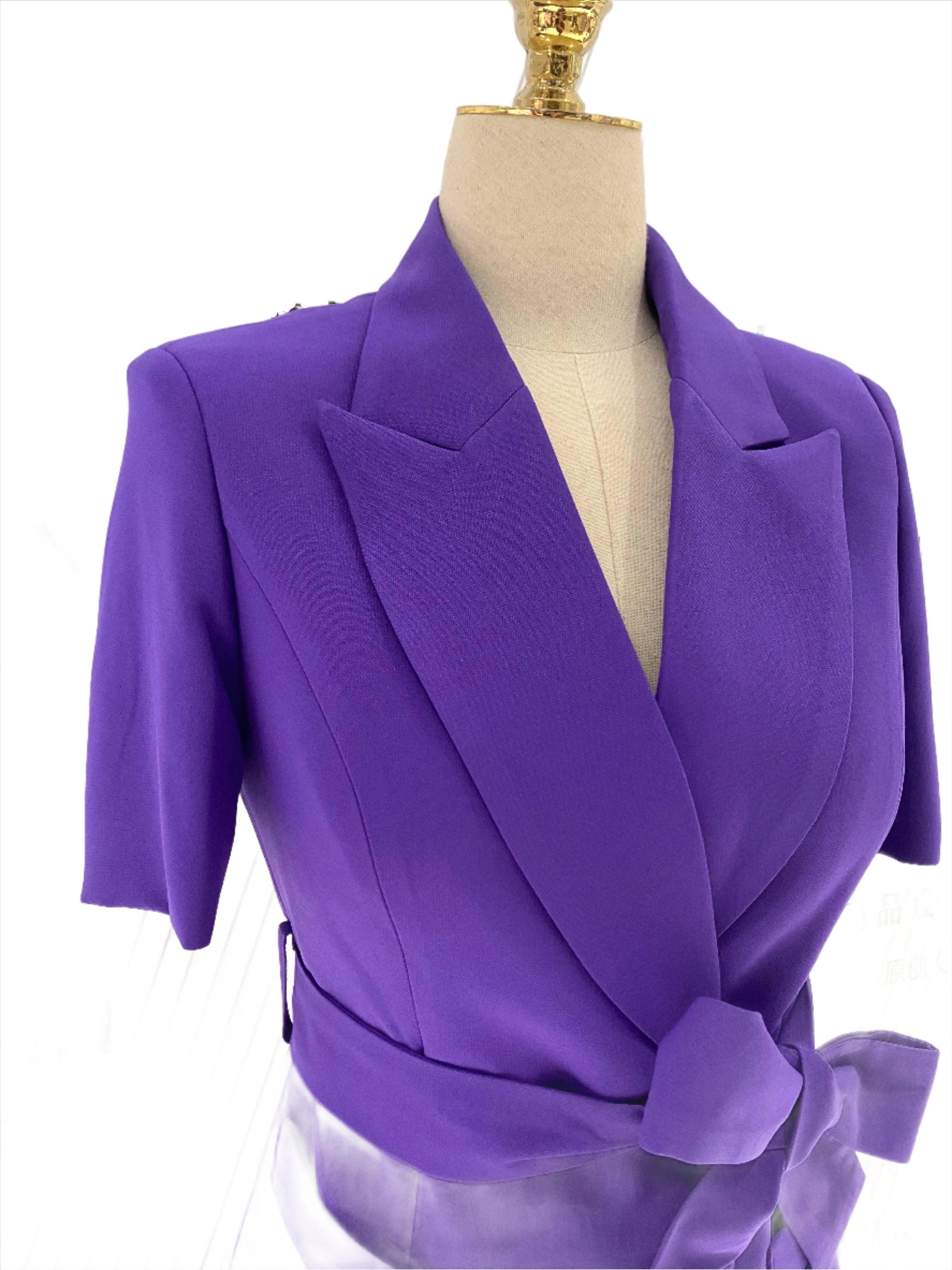 Dark Purple Short-Sleeved Belted Women Pant Suit - Pantsuit - Guocali