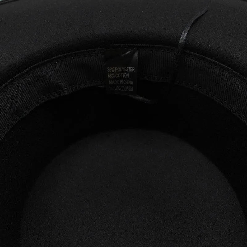 Close-up of black fedora hat interior with cotton polyester label, GUOCALI luxury accessory