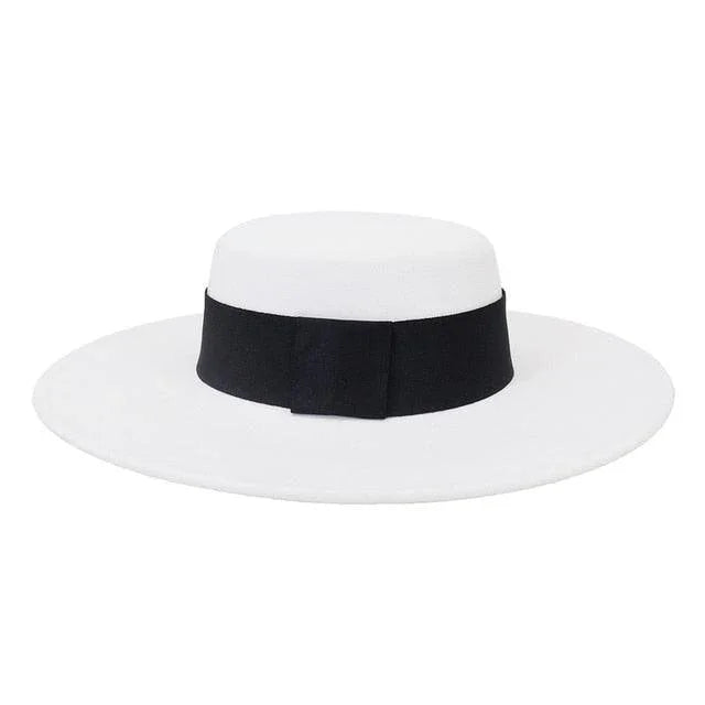 White derby fedora hat with wide black band, luxury accessory from GUOCALI Paris
