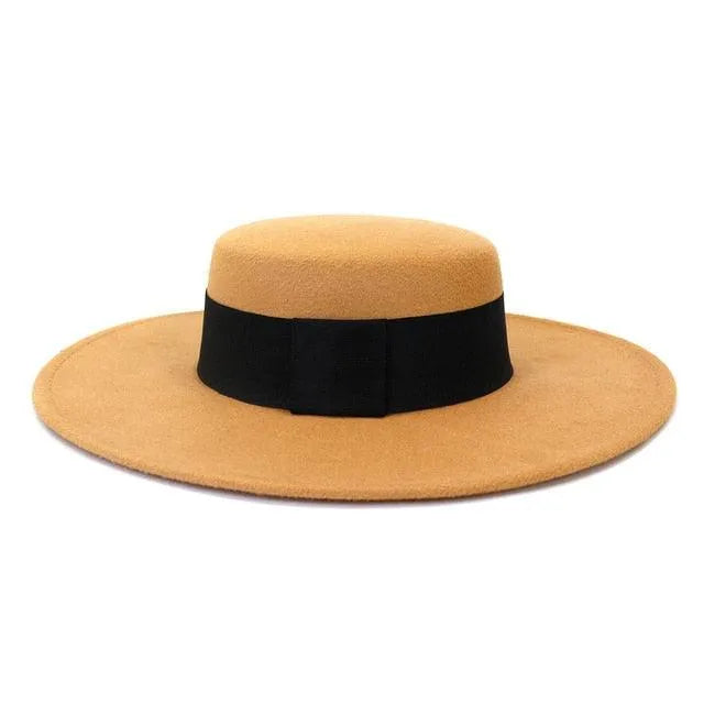 GUOCALI Paris tan derby fedora hat with wide black band, luxury designer accessory