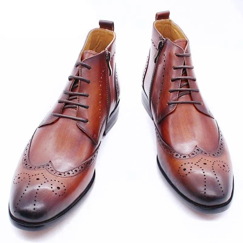 GUOCALI Paris brown formal leather ankle boots for men with classic brogue details