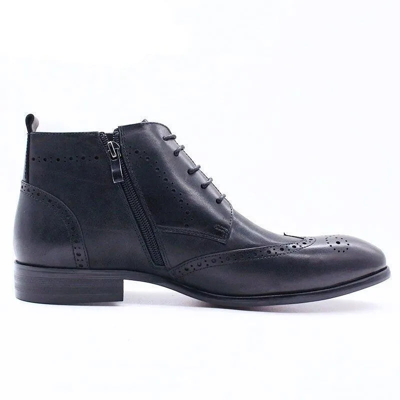 Black leather formal ankle boot with brogue detailing and side zipper from GUOCALI Paris