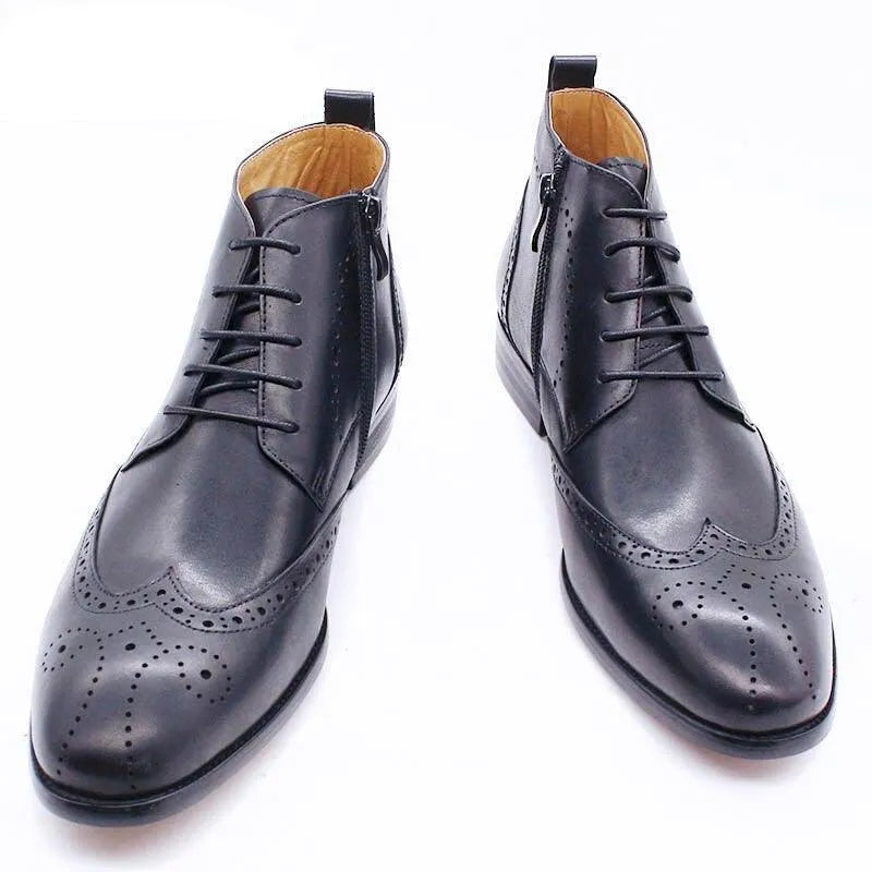 Men's black formal leather ankle boots with brogue detailing by GUOCALI Paris