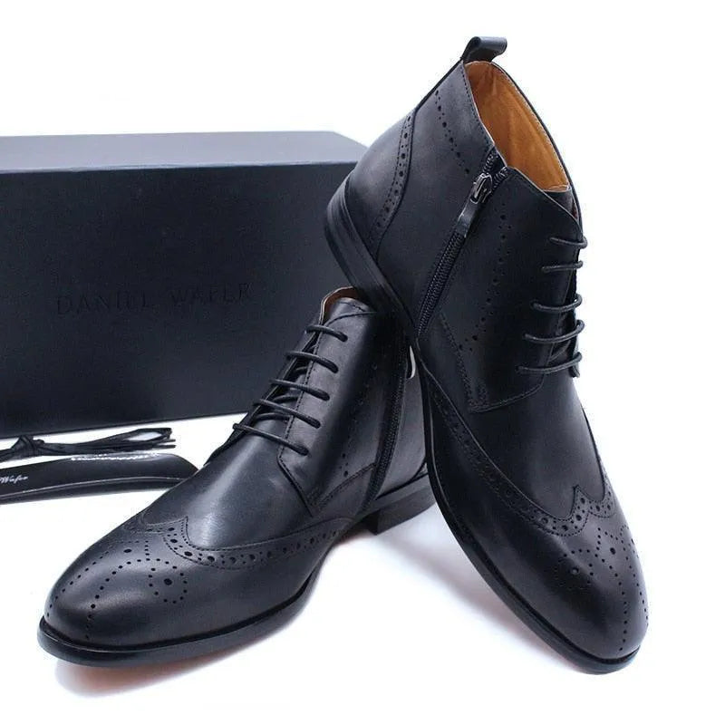 Men's black formal leather ankle boots with brogue details from GUOCALI, side zipper, lace-up style.