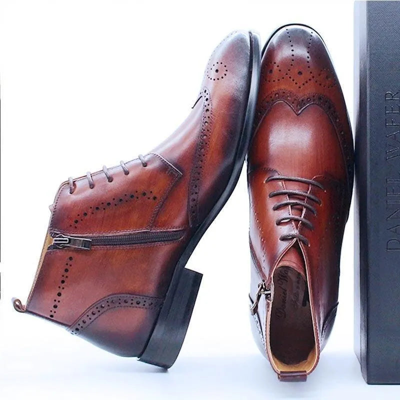 Men's brown formal leather ankle boots with brogue detailing, premium shoes by GUOCALI