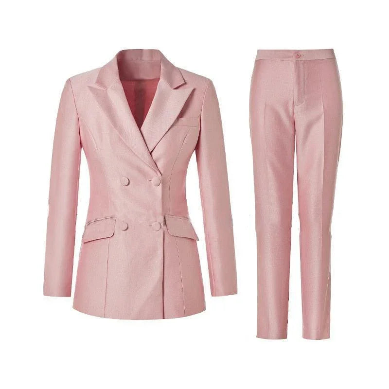 Pink double-breasted women's business pantsuit with blazer and trousers on white background