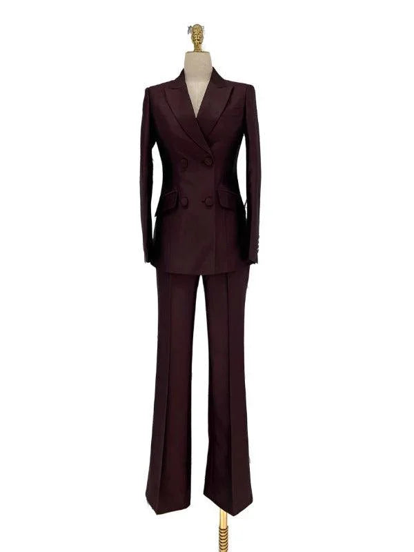Elegant Women's Pant Suit - Solid Double-Breasted
