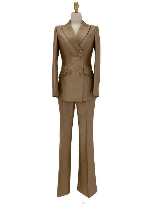 Elegant Women's Pant Suit - Solid Double-Breasted