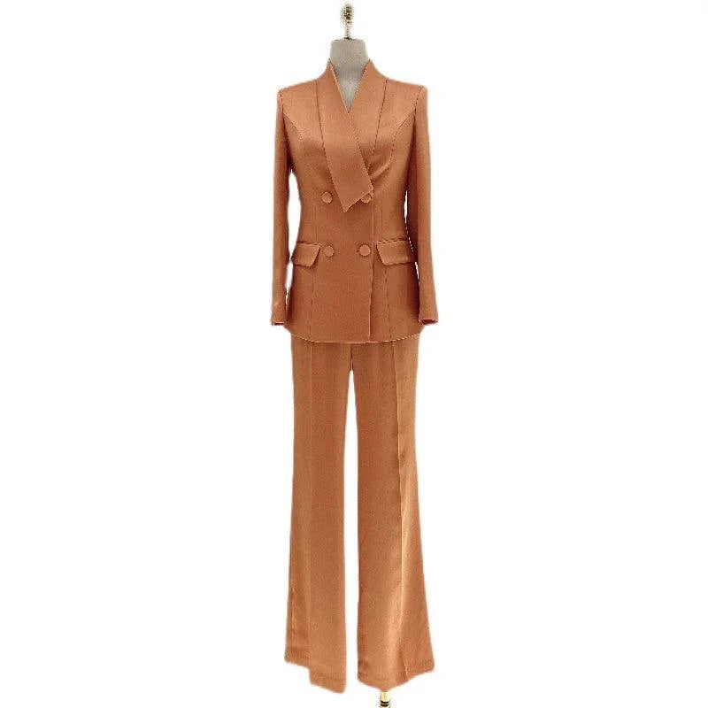 Elegant Chic Professional Women's Pant Suit - Solid Double-Breasted - Orange