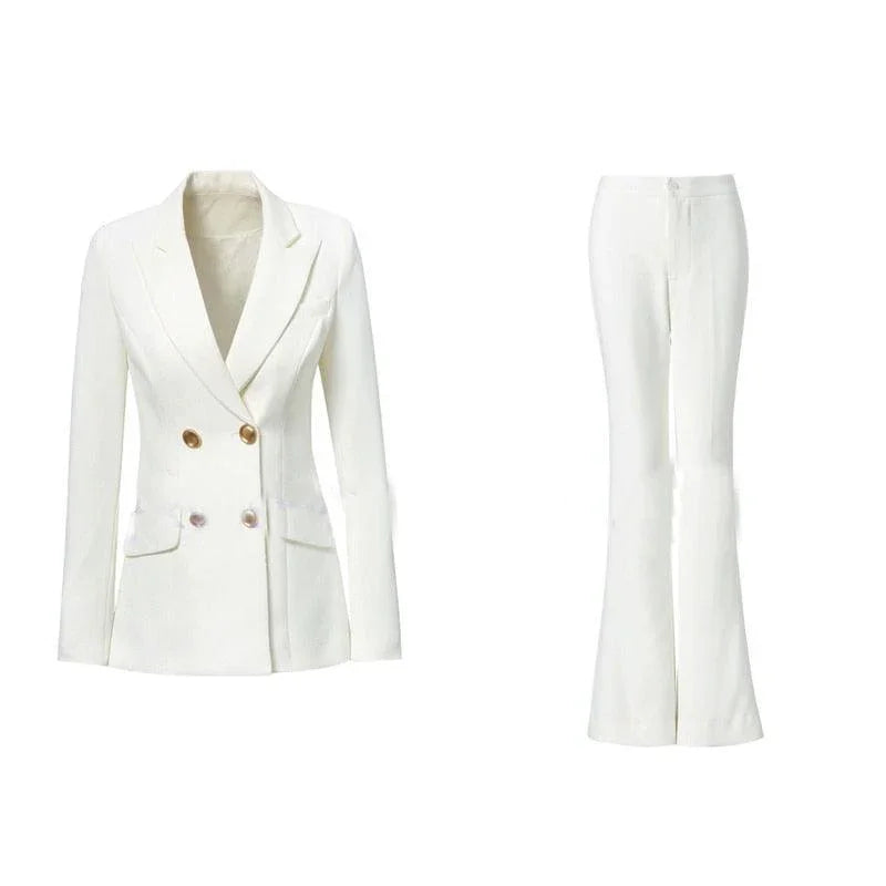 Elegant, Chic, Professional Women's Pant Suit - Solid Double-Breasted, White