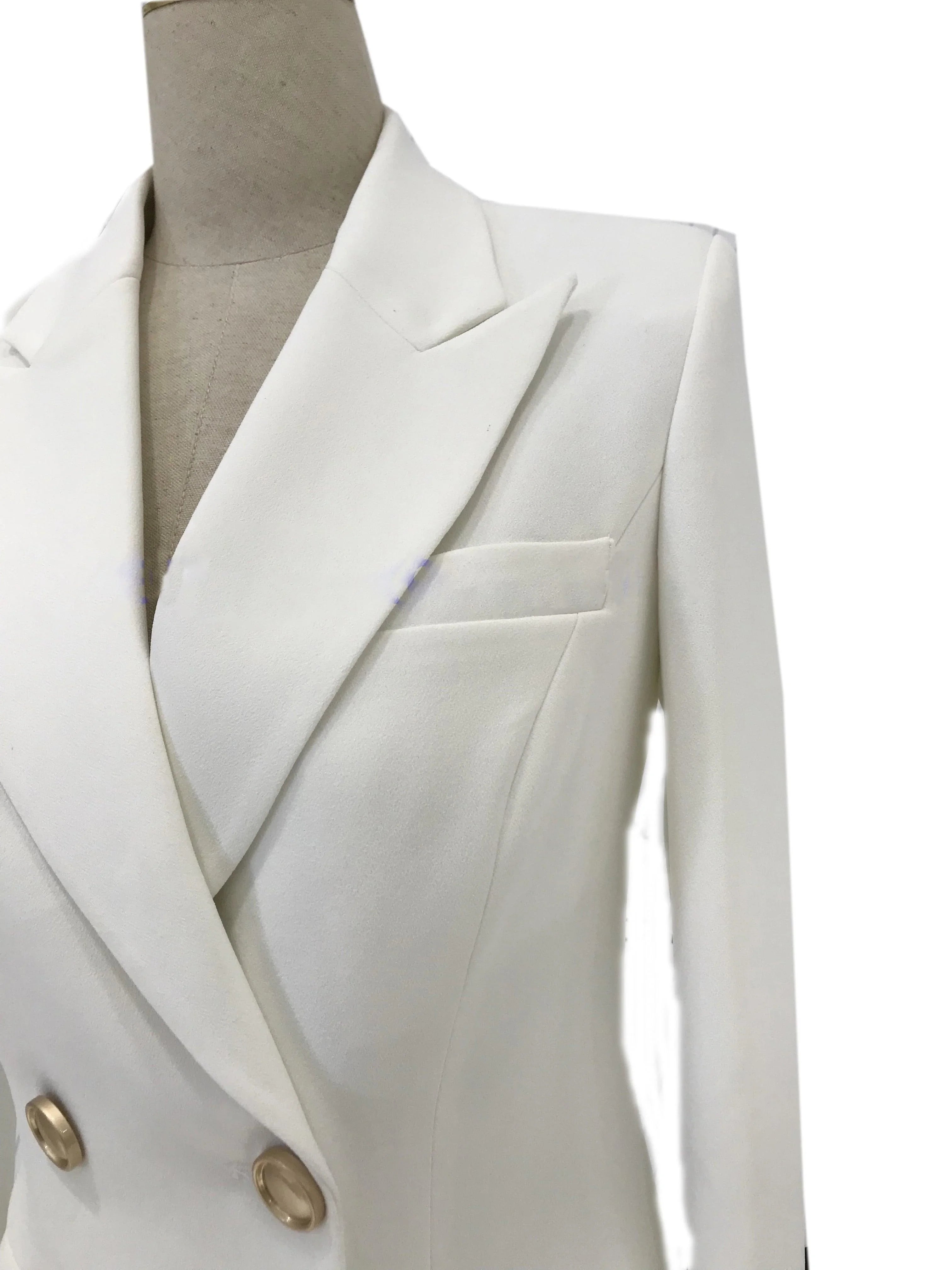 Elegant, Chic, Professional Women's Pant Suit - Solid Double-Breasted, White