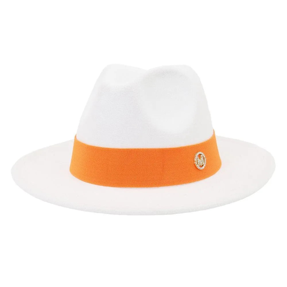 Elegant white fedora hat for women with orange band, designer accessory by GUOCALI Paris