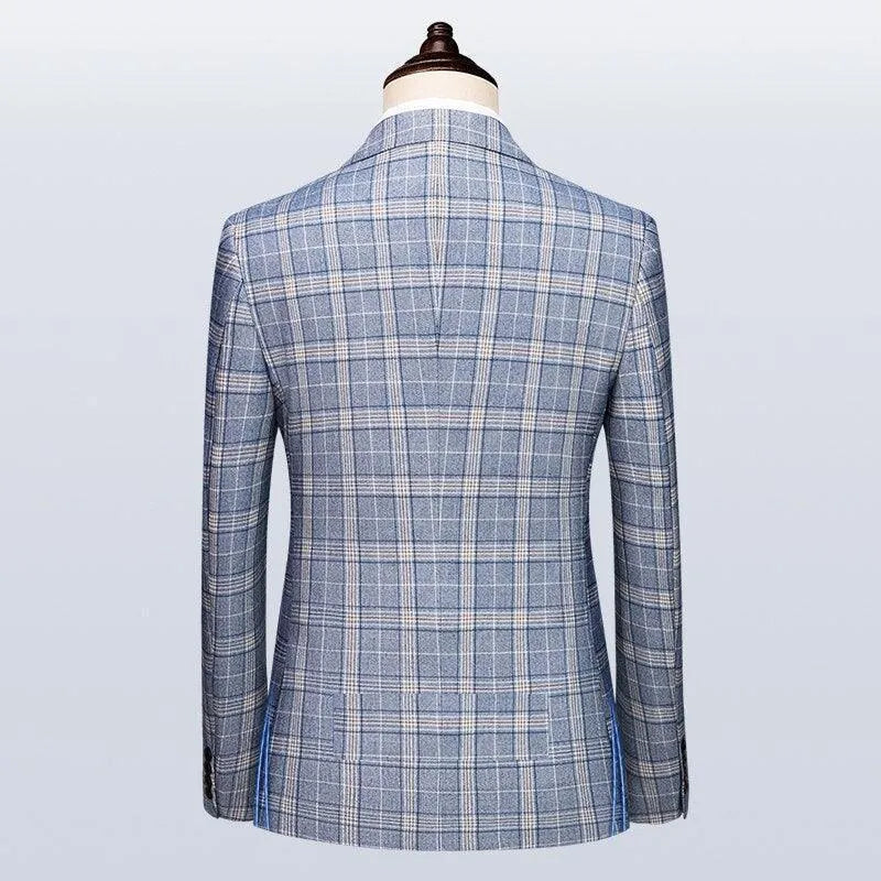 Back view of elegant men's blue plaid double-breasted suit jacket by GUOCALI Paris