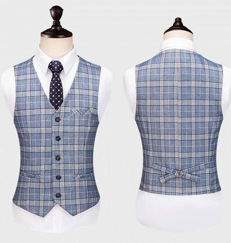 GUOCALI men's luxury plaid suit vest in blue, shown front and back on mannequins