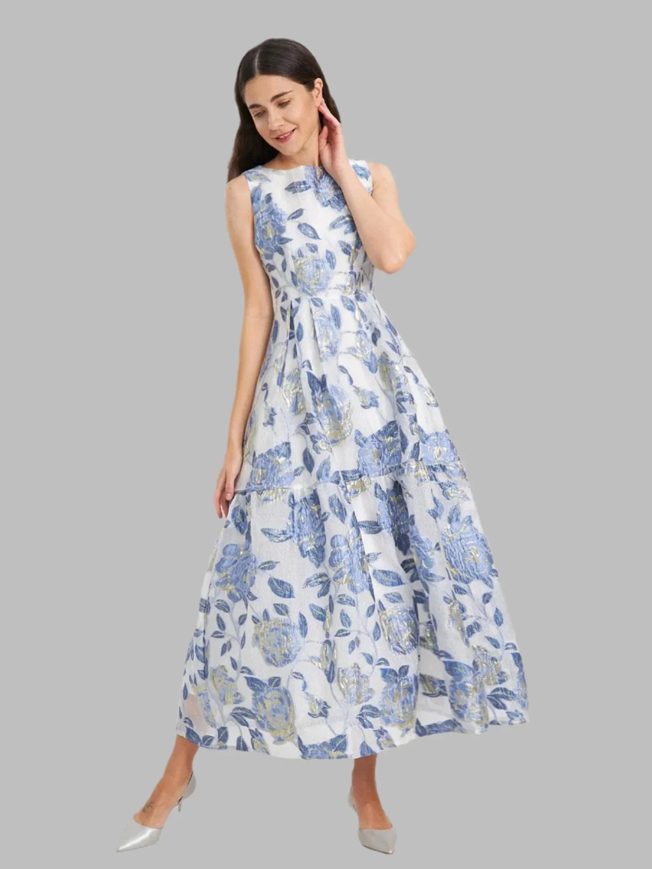 Elegant Organza Sleeveless Maxi Dress – Floral Long Dress for Women -Guocali