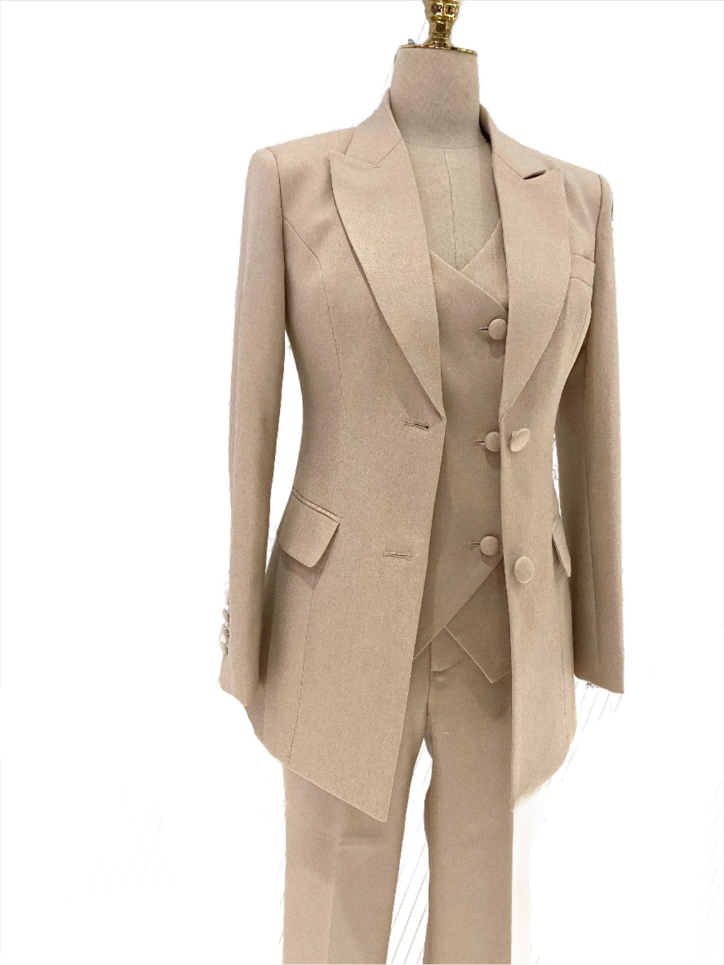 Elegant Professional Chic Women's Pant Suit - Solid Button - Khaki