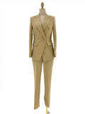 Elegant Professional Chic Women's Pant Suit - Solid Double-Breasted - Khaki