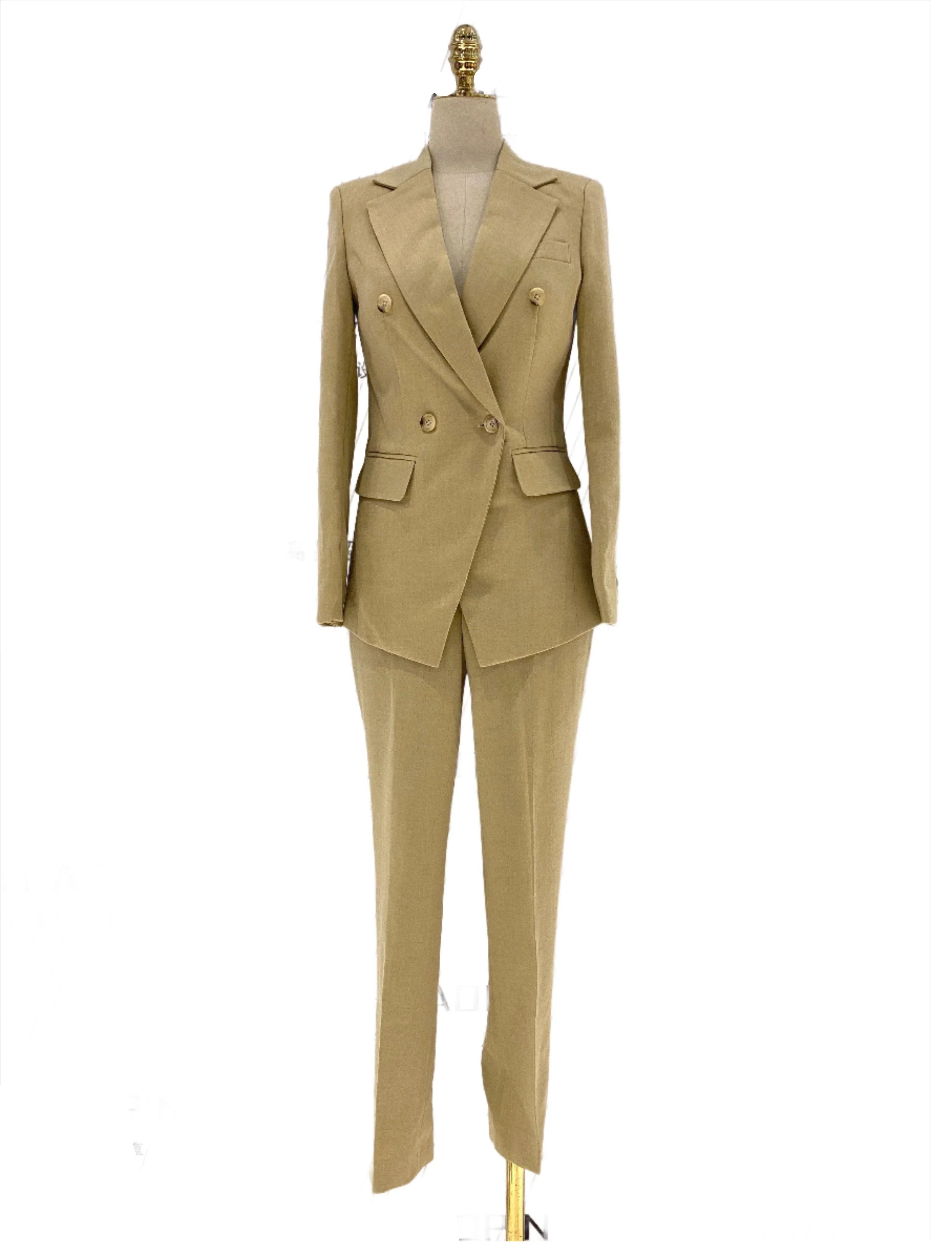 Elegant Professional Chic Women's Pant Suit - Solid Double-Breasted - Khaki