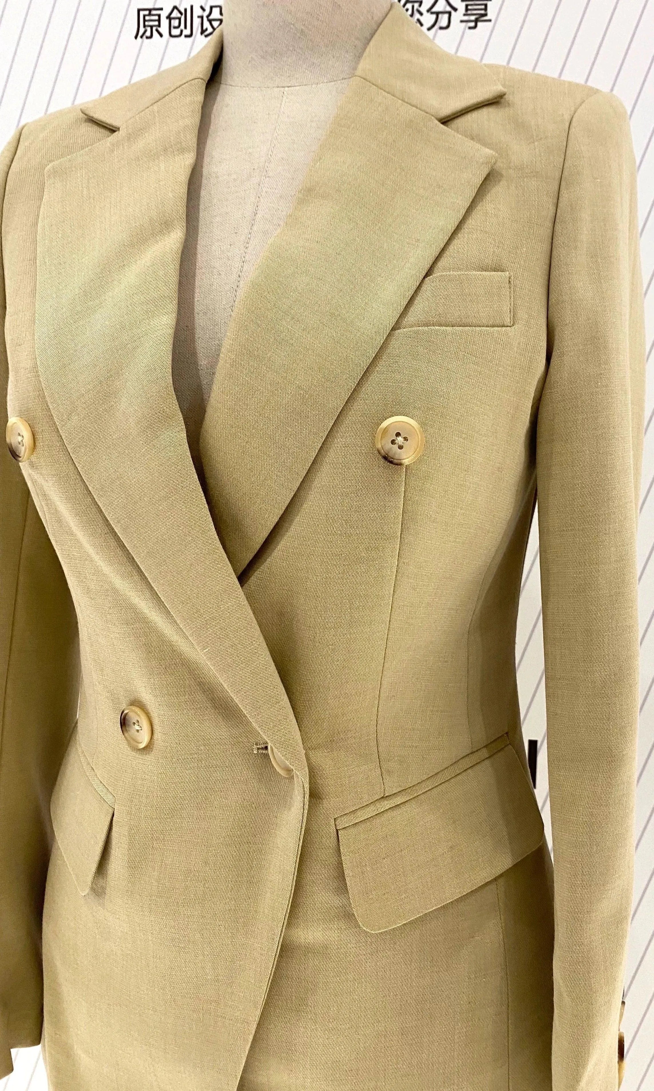 Elegant Professional Chic Women's Pant Suit - Solid Double-Breasted - Khaki