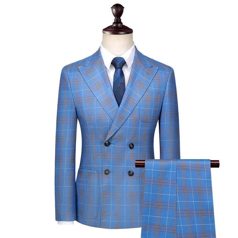 GUOCALI blue plaid double-breasted men's suit with notch lapel and matching trousers