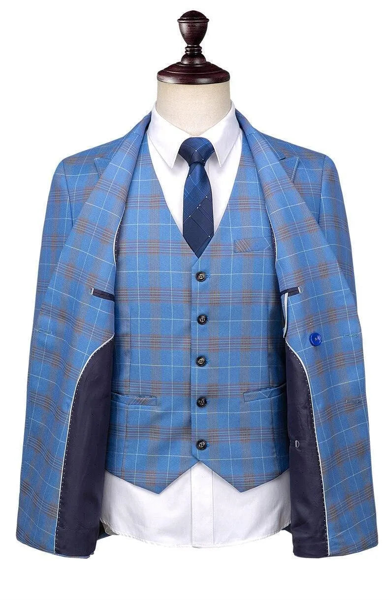 GUOCALI luxury blue plaid double-breasted men's suit with vest and tie on mannequin