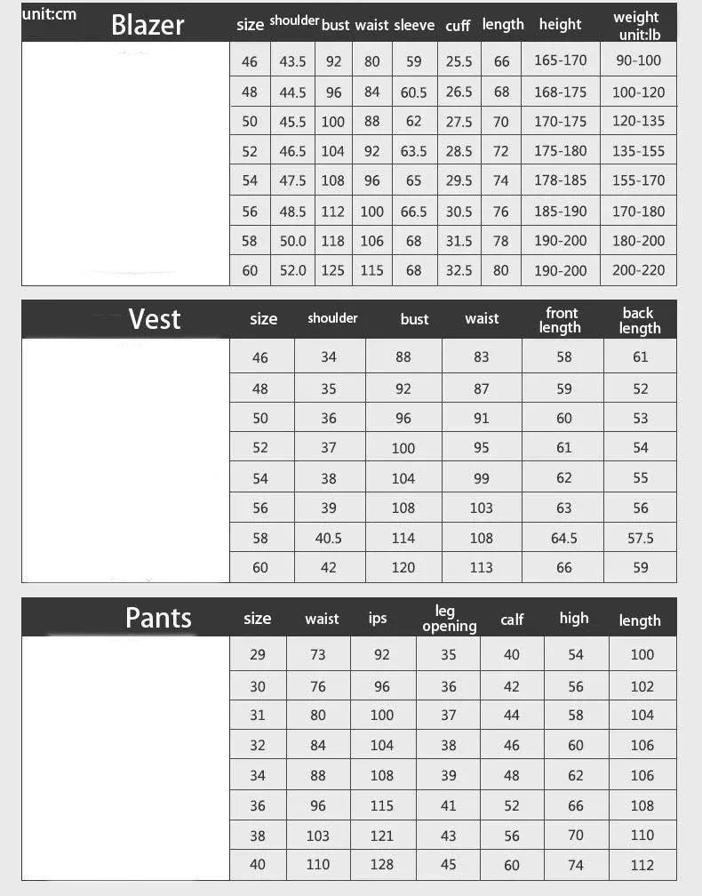 GUOCALI Paris men's suit size chart for blazer, vest, and pants with measurements in cm and lb